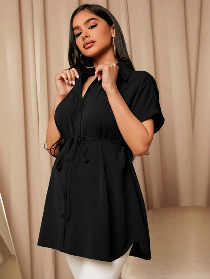 Maternity Batwing Sleeve Belted Shirt - Asymmetrical Button Down Maternity Blouse for Daily Office Wear