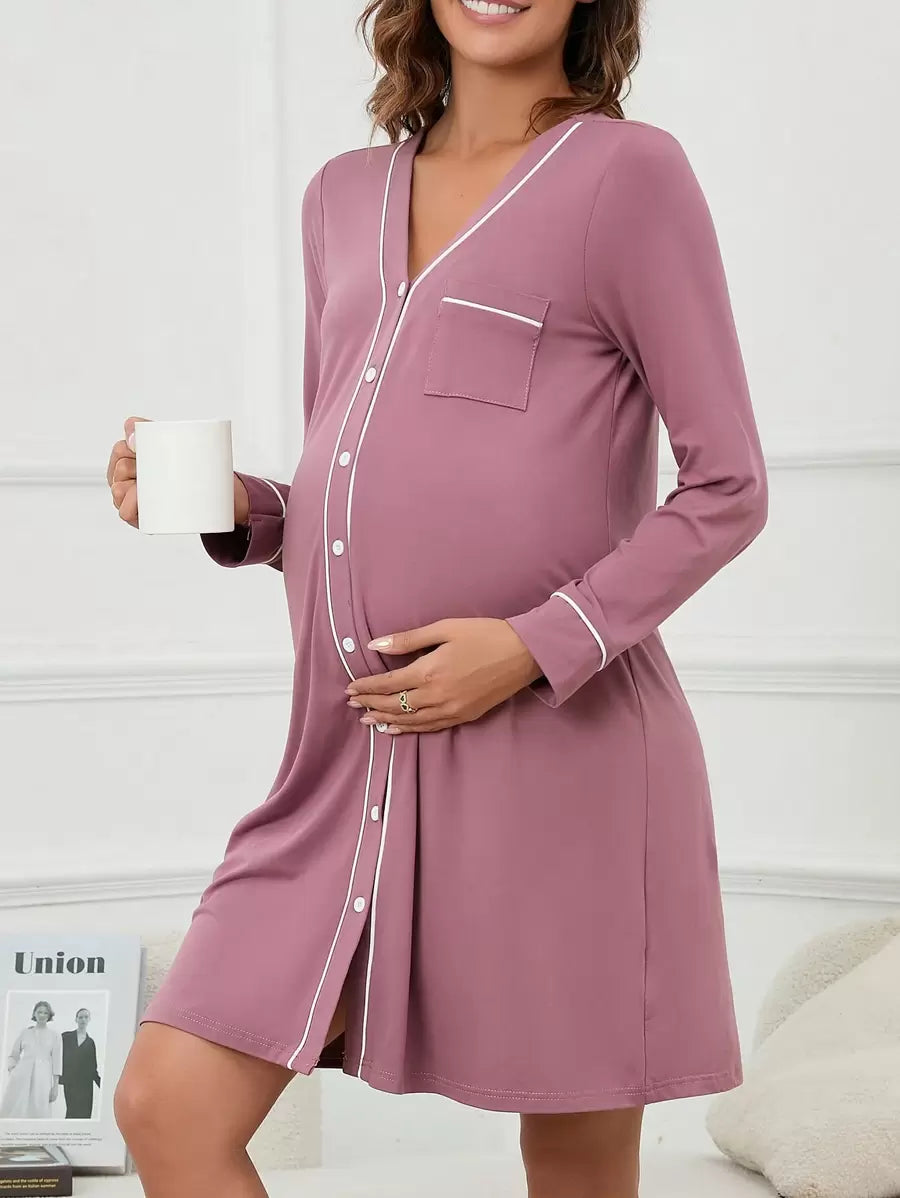Maternity Button Front Nightdress - Contrast Piping Pocket Detail Cozy Elegant, Fall Winter Nursing