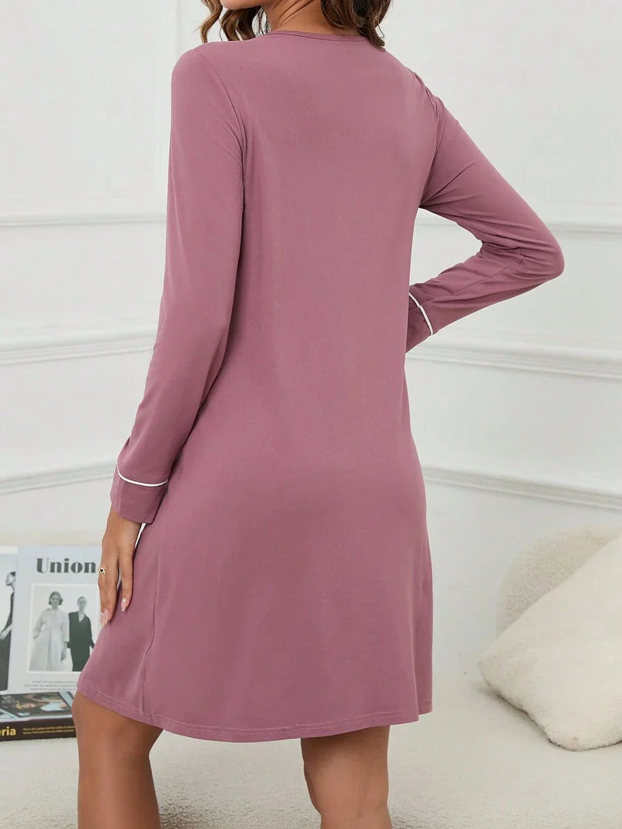 Maternity Button Front Nightdress - Contrast Piping Pocket Detail Cozy Elegant, Fall Winter Nursing