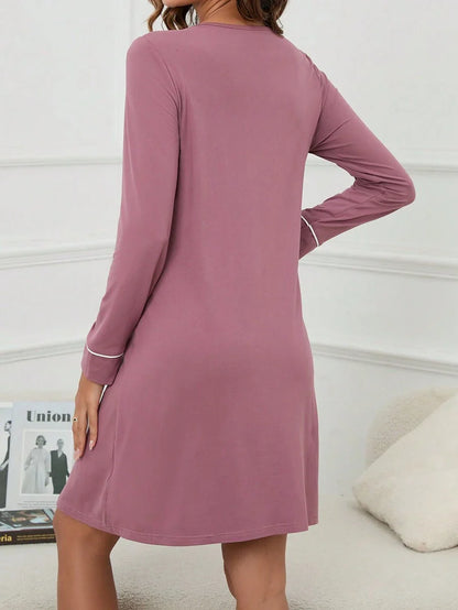 Maternity Button Front Nightdress - Contrast Piping Pocket Detail Cozy Elegant, Fall Winter Nursing