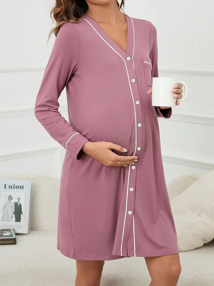Maternity Button Front Nightdress - Contrast Piping Pocket Detail Cozy Elegant, Fall Winter Nursing