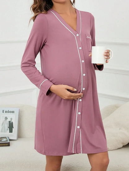 Maternity Button Front Nightdress - Contrast Piping Pocket Detail Cozy Elegant, Fall Winter Nursing