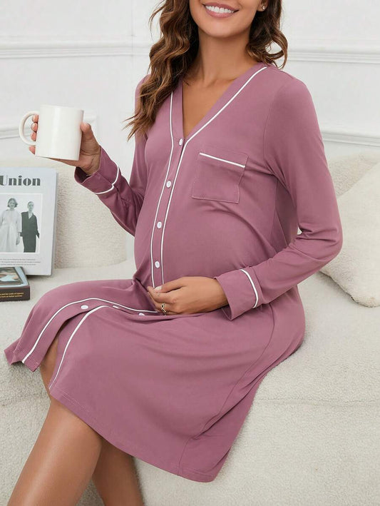 Maternity Button Front Nightdress - Contrast Piping Pocket Detail Cozy Elegant, Fall Winter Nursing