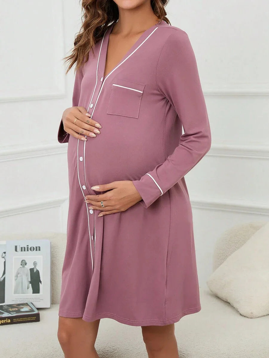 Maternity Button Front Nightdress - Contrast Piping Pocket Detail Cozy Elegant, Fall Winter Nursing