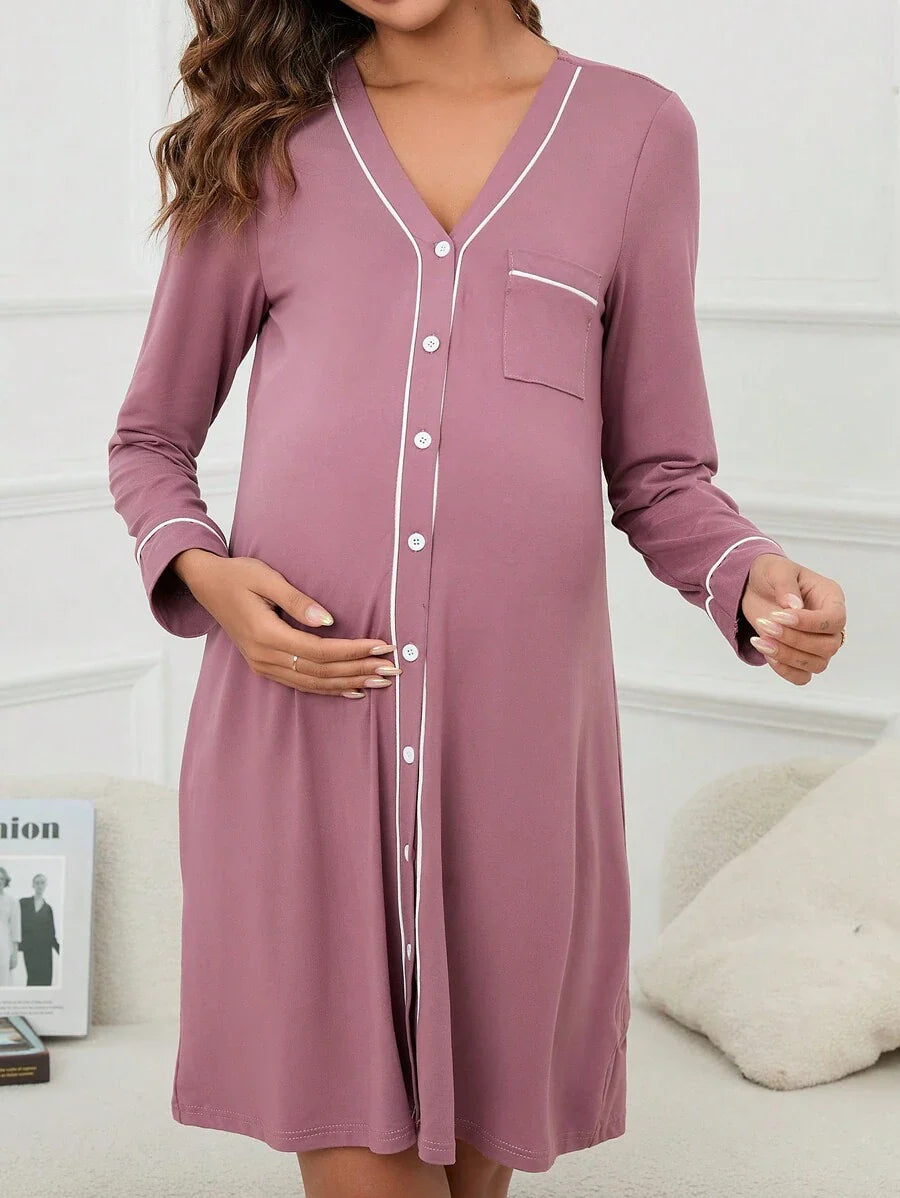 Maternity Button Front Nightdress - Contrast Piping Pocket Detail Cozy Elegant, Fall Winter Nursing