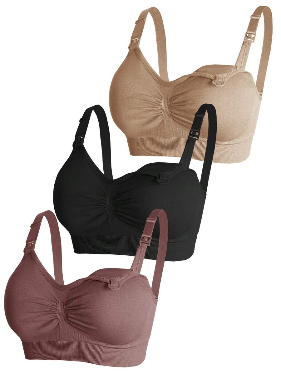 3-Pack Seamless Nursing Bras in Black, Burgundy & Nude, Wireless Maternity Sleep Bra with Front Clasp and Removable Padding