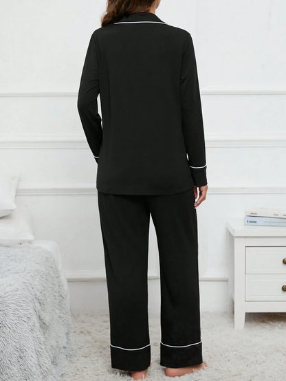 Maternity Blue Contrast Piping Pajama Set - Long Sleeve Lapel Shirt and Pants 2 Piece PJ Set - Elegant Maternity Sleepwear for Daily Wear