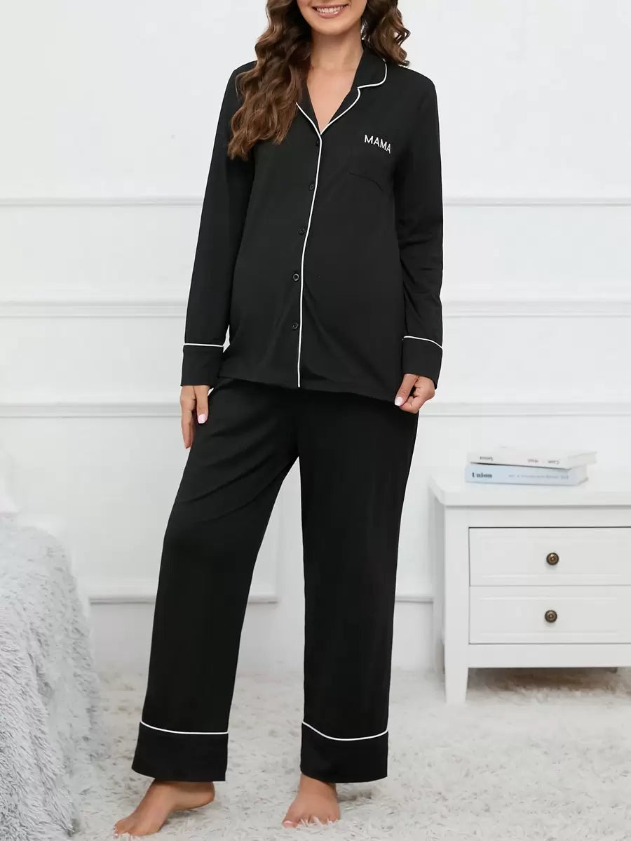 Maternity Blue Contrast Piping Pajama Set - Long Sleeve Lapel Shirt and Pants 2 Piece PJ Set - Elegant Maternity Sleepwear for Daily Wear