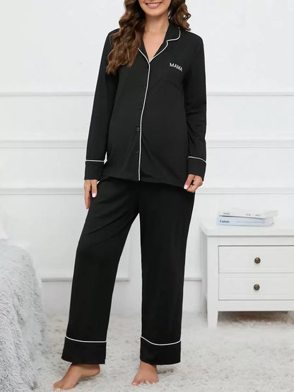Maternity Blue Contrast Piping Pajama Set - Long Sleeve Lapel Shirt and Pants 2 Piece PJ Set - Elegant Maternity Sleepwear for Daily Wear