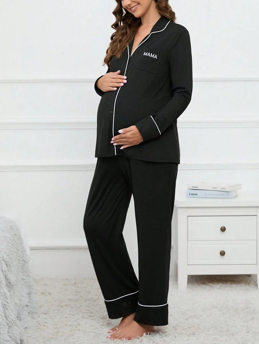 Maternity Blue Contrast Piping Pajama Set - Long Sleeve Lapel Shirt and Pants 2 Piece PJ Set - Elegant Maternity Sleepwear for Daily Wear