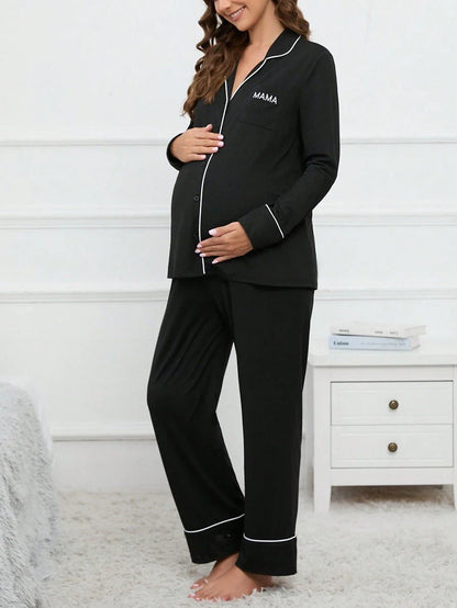Maternity Blue Contrast Piping Pajama Set - Long Sleeve Lapel Shirt and Pants 2 Piece PJ Set - Elegant Maternity Sleepwear for Daily Wear