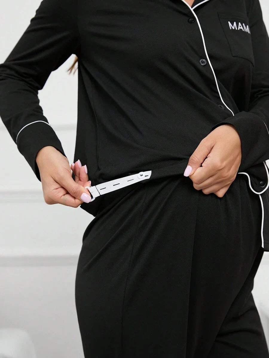 Maternity Blue Contrast Piping Pajama Set - Long Sleeve Lapel Shirt and Pants 2 Piece PJ Set - Elegant Maternity Sleepwear for Daily Wear