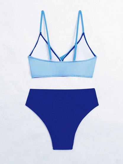 Women's 2-Piece Color-Block Bikini Set - Spaghetti Strap, Criss Cross, High Waist, Multicolor