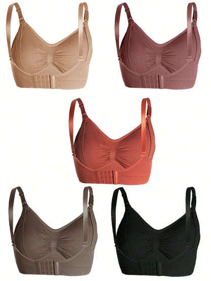 Maternity Nursing Bra Set 5 Pack - Nylon Seamless Front Clasp Wireless Breastfeeding, Pregnancy
