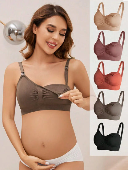 Maternity Nursing Bra Set 5 Pack - Nylon Seamless Front Clasp Wireless Breastfeeding, Pregnancy