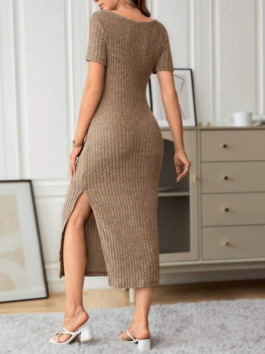 Maternity Royal Blue Ribbed Knit Bodycon Dress Square Neck Short Sleeve Slim Fit Long Dress with Side Slit