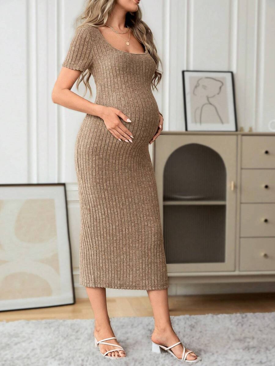 Maternity Royal Blue Ribbed Knit Bodycon Dress Square Neck Short Sleeve Slim Fit Long Dress with Side Slit
