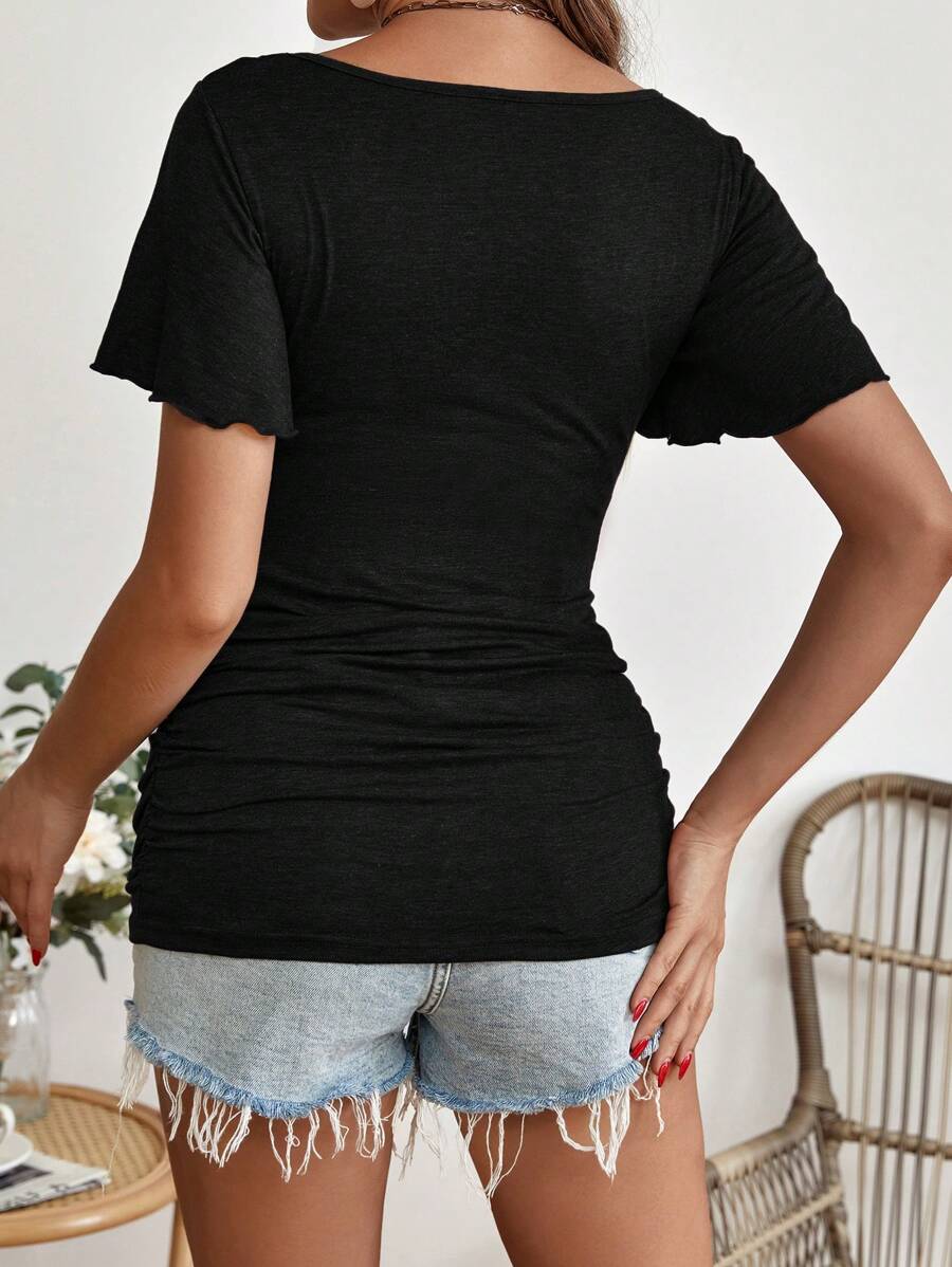 Maternity Scoop Neck Butterfly Sleeve Ruched Tee - Slim Fit Flounce Short Sleeve Nursing Top for Casual Wear