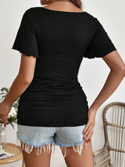 Maternity Scoop Neck Butterfly Sleeve Ruched Tee - Slim Fit Flounce Short Sleeve Nursing Top for Casual Wear