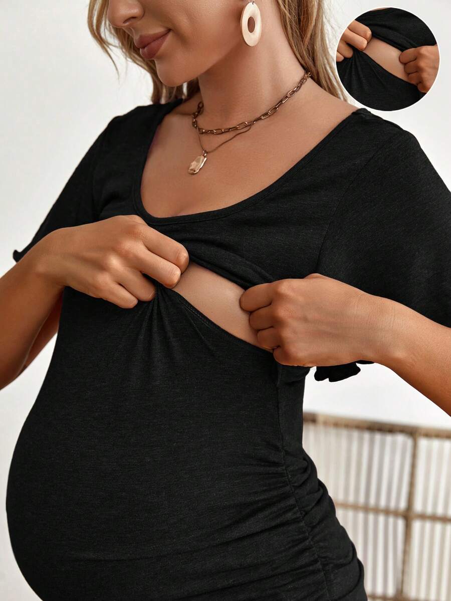 Maternity Scoop Neck Butterfly Sleeve Ruched Tee - Slim Fit Flounce Short Sleeve Nursing Top for Casual Wear