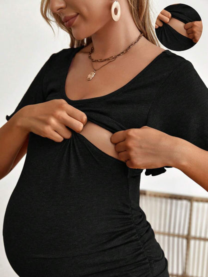 Maternity Scoop Neck Butterfly Sleeve Ruched Tee - Slim Fit Flounce Short Sleeve Nursing Top for Casual Wear
