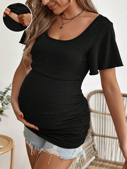 Maternity Scoop Neck Butterfly Sleeve Ruched Tee - Slim Fit Flounce Short Sleeve Nursing Top for Casual Wear
