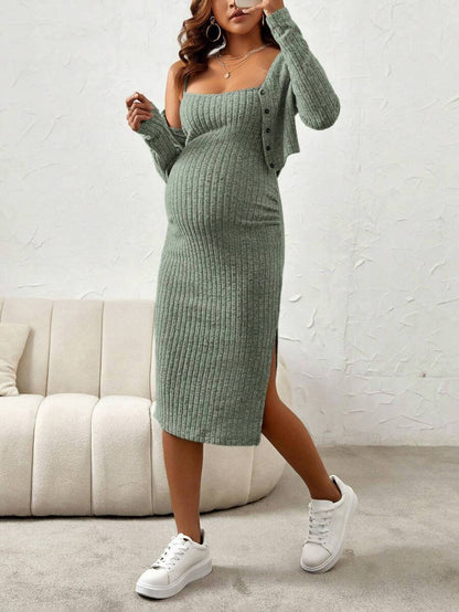 Maternity Pink Ribbed Knit 2-Piece Set with V-Neck Bodycon Knee Length Skirt and Button Front Long Sleeve Crop Cardigan