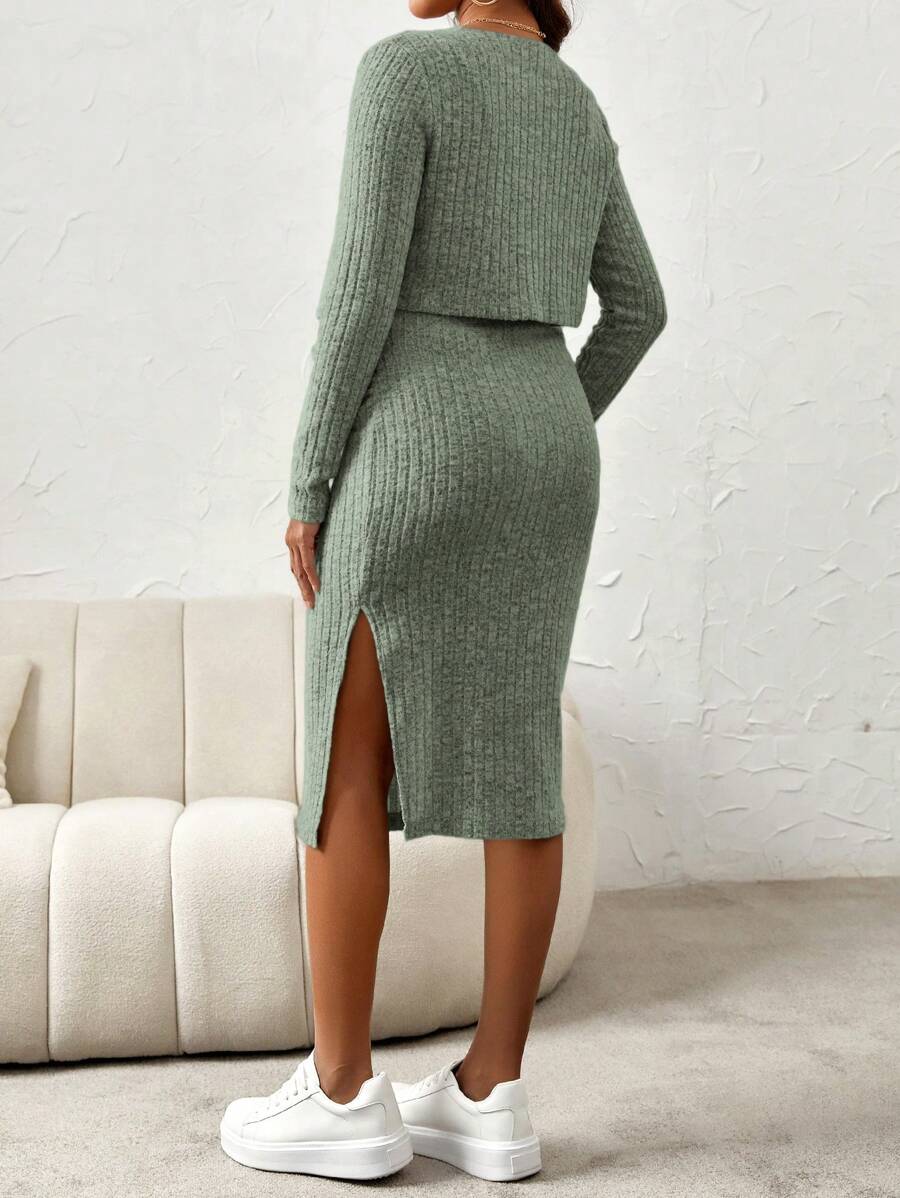 Maternity Pink Ribbed Knit 2-Piece Set with V-Neck Bodycon Knee Length Skirt and Button Front Long Sleeve Crop Cardigan