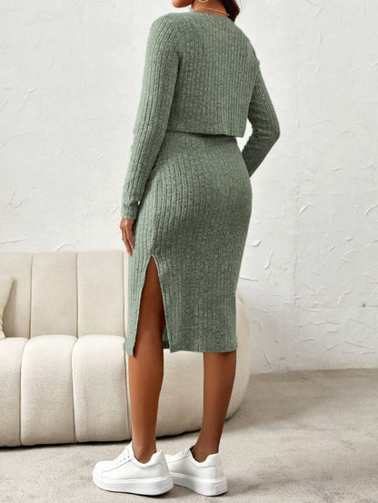 Maternity Pink Ribbed Knit 2-Piece Set with V-Neck Bodycon Knee Length Skirt and Button Front Long Sleeve Crop Cardigan