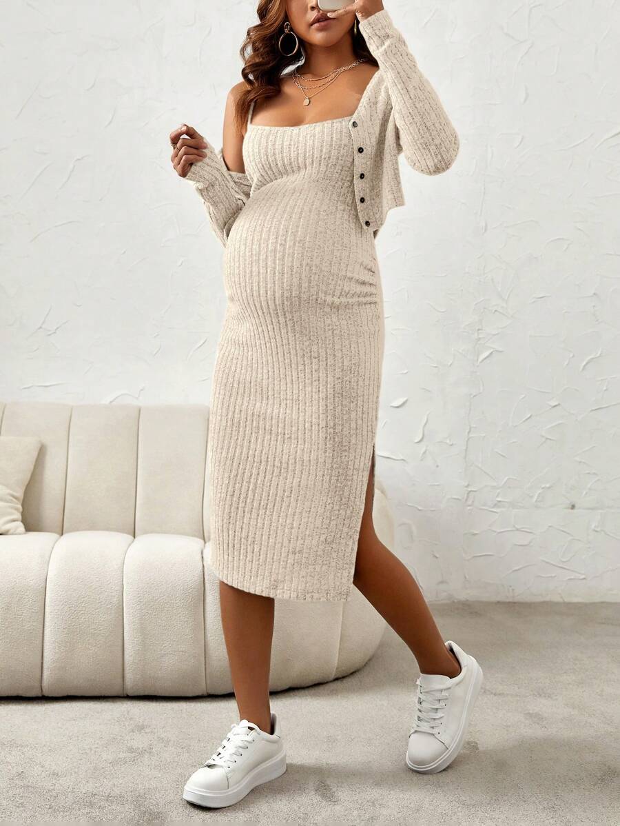 Maternity Pink Ribbed Knit 2-Piece Set with V-Neck Bodycon Knee Length Skirt and Button Front Long Sleeve Crop Cardigan