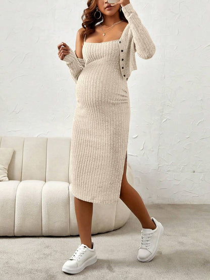 Maternity Pink Ribbed Knit 2-Piece Set with V-Neck Bodycon Knee Length Skirt and Button Front Long Sleeve Crop Cardigan