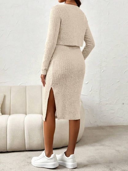 Maternity Pink Ribbed Knit 2-Piece Set with V-Neck Bodycon Knee Length Skirt and Button Front Long Sleeve Crop Cardigan