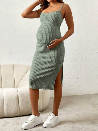 Maternity Pink Ribbed Knit 2-Piece Set with V-Neck Bodycon Knee Length Skirt and Button Front Long Sleeve Crop Cardigan