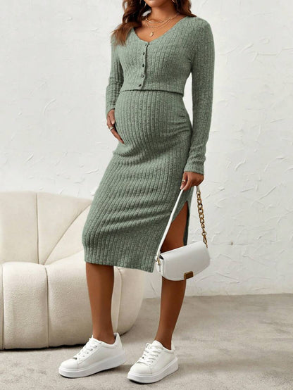 Maternity Pink Ribbed Knit 2-Piece Set with V-Neck Bodycon Knee Length Skirt and Button Front Long Sleeve Crop Cardigan