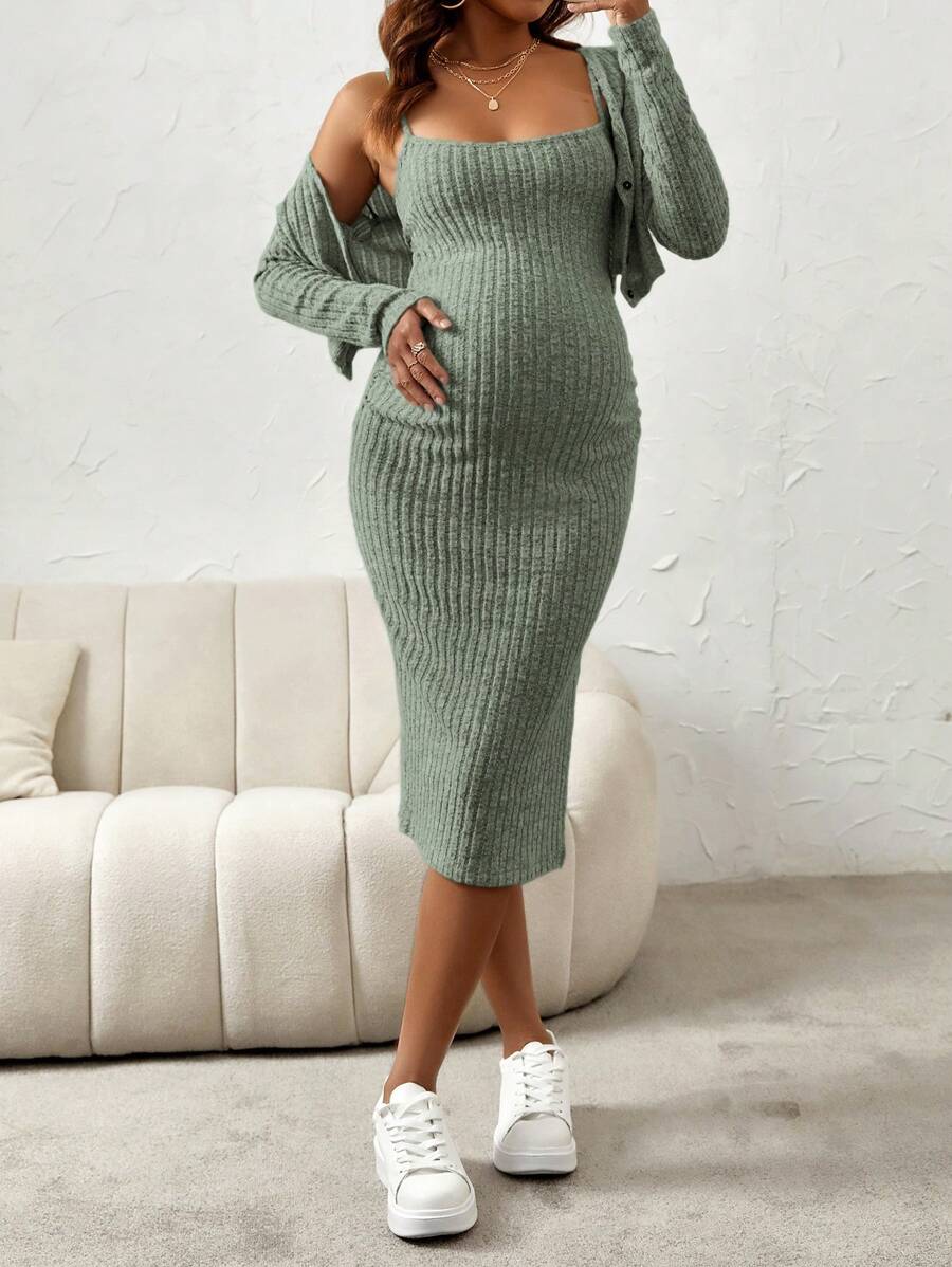Maternity Pink Ribbed Knit 2-Piece Set with V-Neck Bodycon Knee Length Skirt and Button Front Long Sleeve Crop Cardigan
