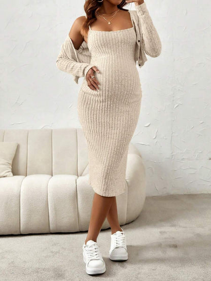 Maternity Pink Ribbed Knit 2-Piece Set with V-Neck Bodycon Knee Length Skirt and Button Front Long Sleeve Crop Cardigan