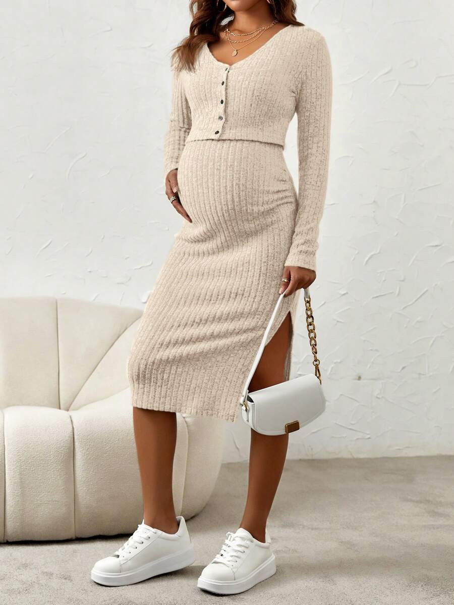 Maternity Pink Ribbed Knit 2-Piece Set with V-Neck Bodycon Knee Length Skirt and Button Front Long Sleeve Crop Cardigan