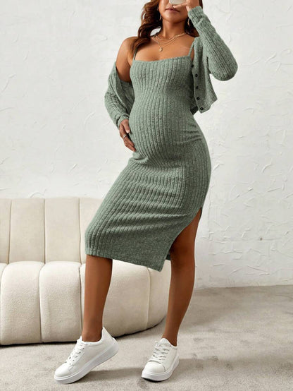 Maternity Pink Ribbed Knit 2-Piece Set with V-Neck Bodycon Knee Length Skirt and Button Front Long Sleeve Crop Cardigan