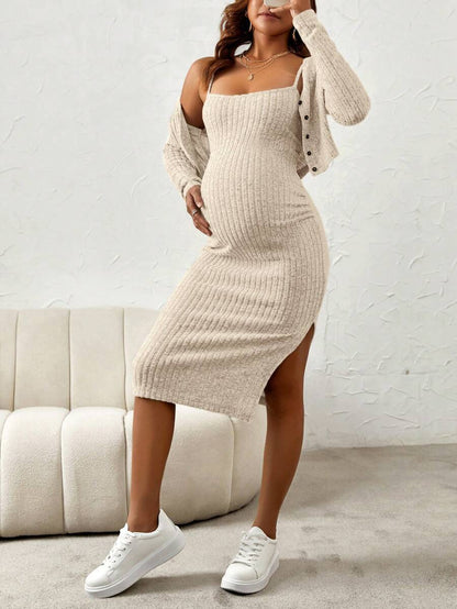 Maternity Pink Ribbed Knit 2-Piece Set with V-Neck Bodycon Knee Length Skirt and Button Front Long Sleeve Crop Cardigan