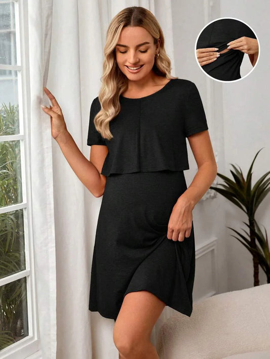 Maternity Solid Nursing Detail Dress Short Sleeve High Waist Ruffle A-Line Dress for Daily Wear