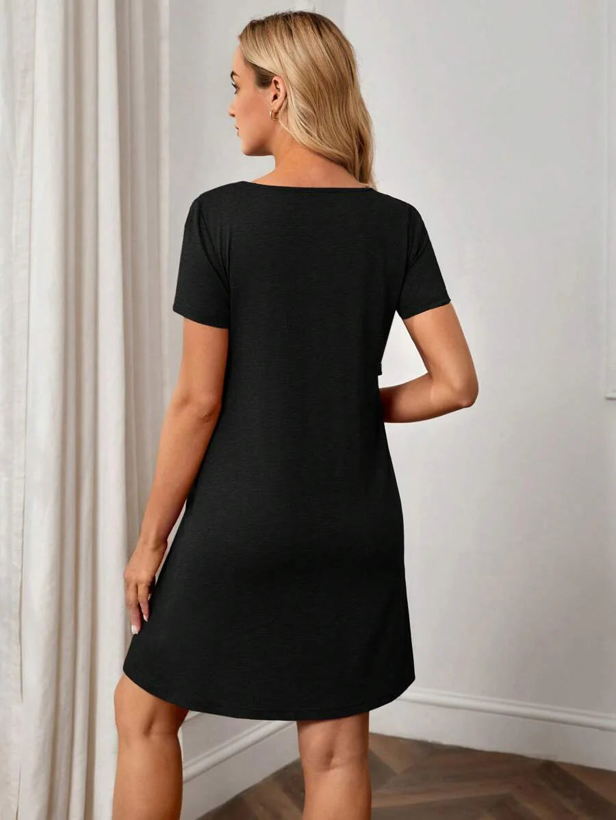 Maternity Solid Nursing Detail Dress Short Sleeve High Waist Ruffle A-Line Dress for Daily Wear