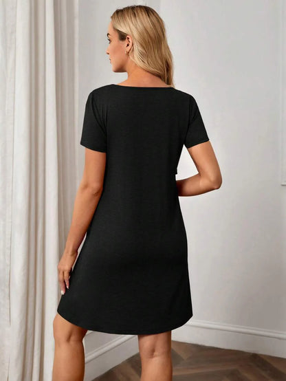 Maternity Solid Nursing Detail Dress Short Sleeve High Waist Ruffle A-Line Dress for Daily Wear