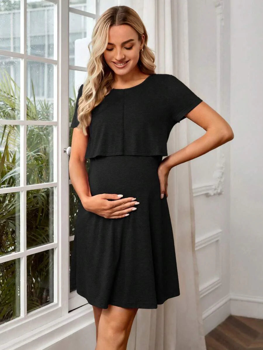 Maternity Solid Nursing Detail Dress Short Sleeve High Waist Ruffle A-Line Dress for Daily Wear