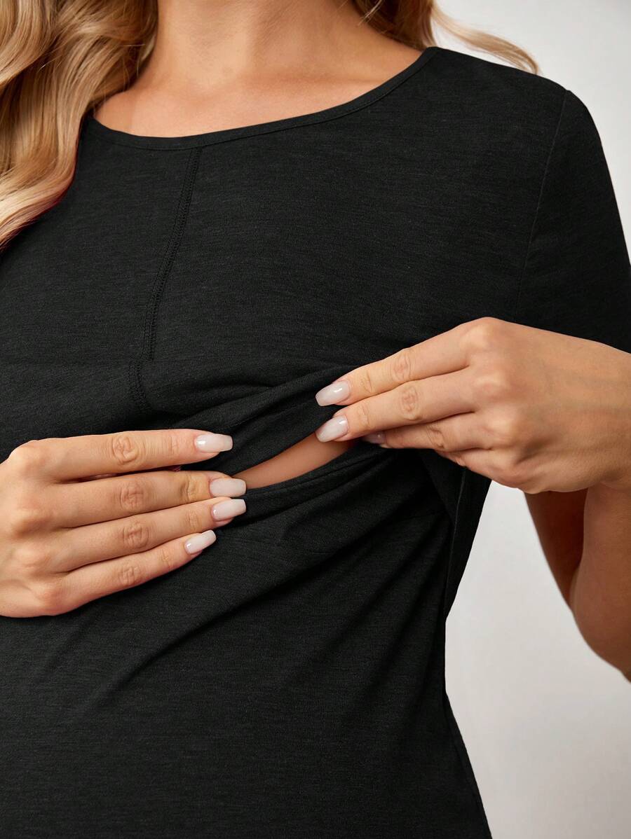 Maternity Solid Nursing Detail Dress Short Sleeve High Waist Ruffle A-Line Dress for Daily Wear