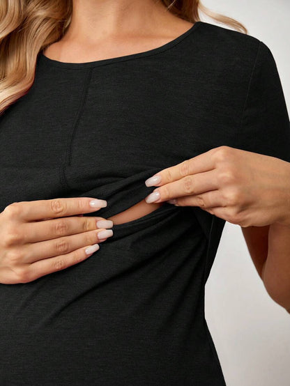 Maternity Solid Nursing Detail Dress Short Sleeve High Waist Ruffle A-Line Dress for Daily Wear