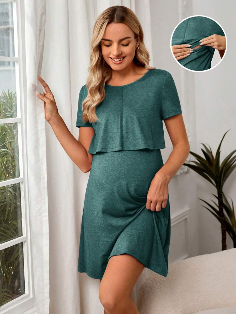 Maternity Solid Nursing Detail Dress Short Sleeve High Waist Ruffle A-Line Dress for Daily Wear