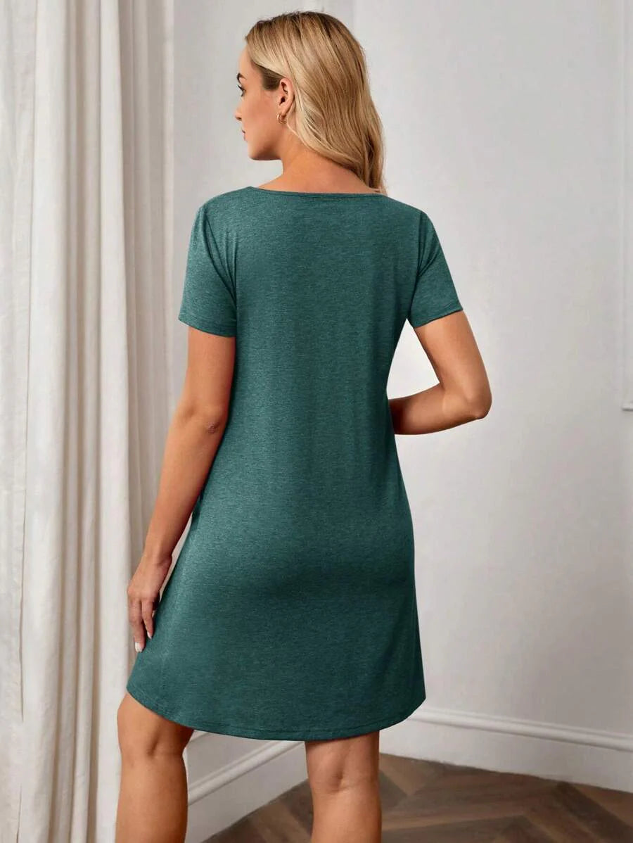 Maternity Solid Nursing Detail Dress Short Sleeve High Waist Ruffle A-Line Dress for Daily Wear