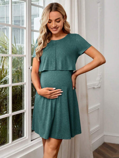 Maternity Solid Nursing Detail Dress Short Sleeve High Waist Ruffle A-Line Dress for Daily Wear