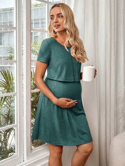 Maternity Solid Nursing Detail Dress Short Sleeve High Waist Ruffle A-Line Dress for Daily Wear