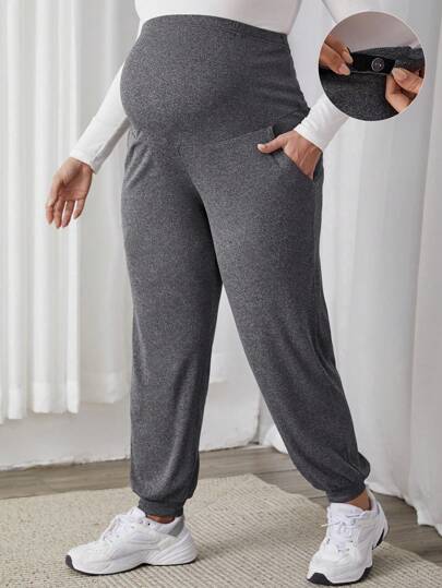 Plus Size Maternity Pants - Adjustable Waist, Belly Support, Button Detail, High Waist, Dark Grey